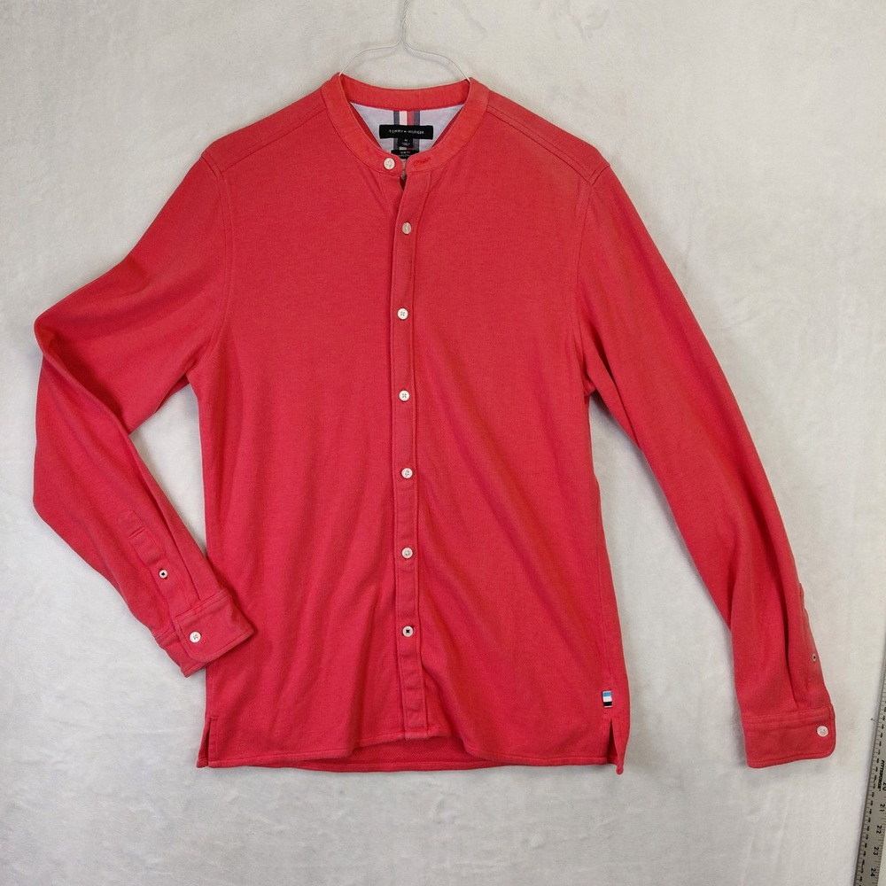 Tommy Hilfiger Mens Slim Fit Grandad Collar Pique Long Sleeve Shirt Coral Pink M